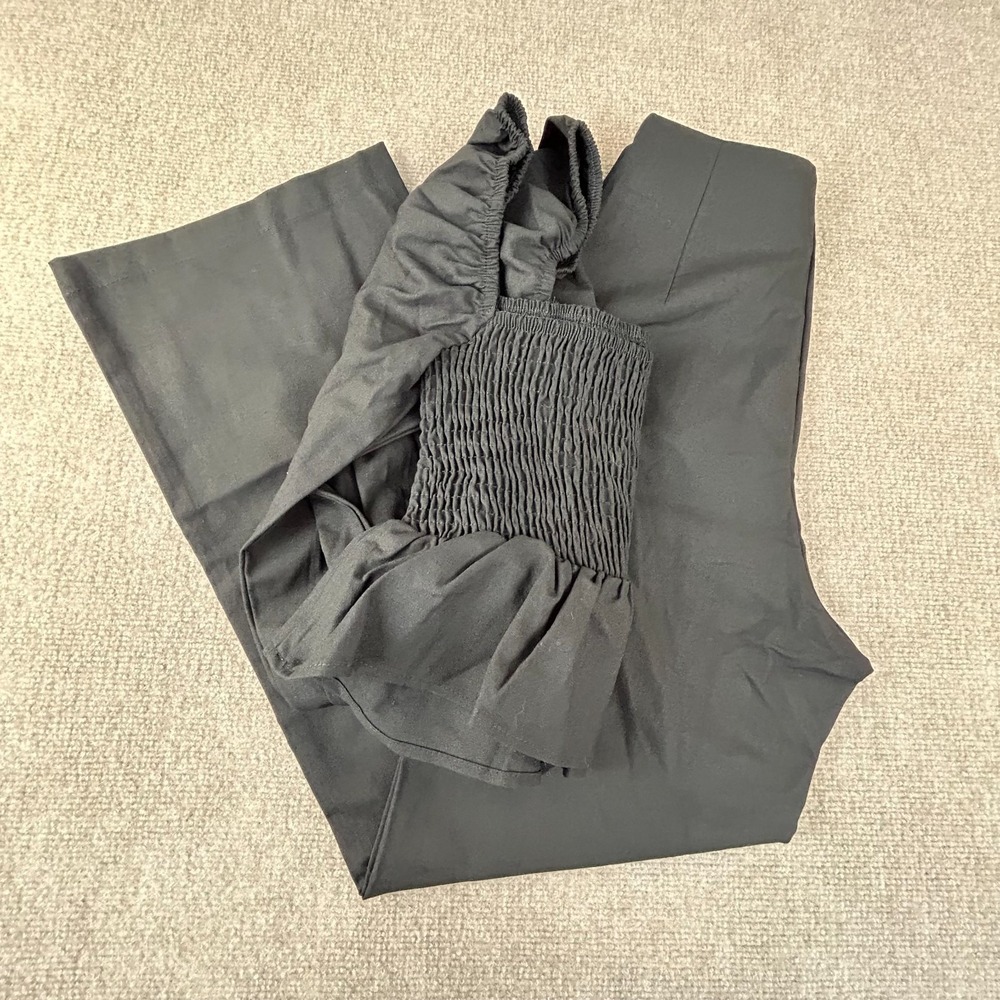 Commense Square Neck With Bishop Sleeve Pant Set Womens XS‎ Black Smocked Cotton